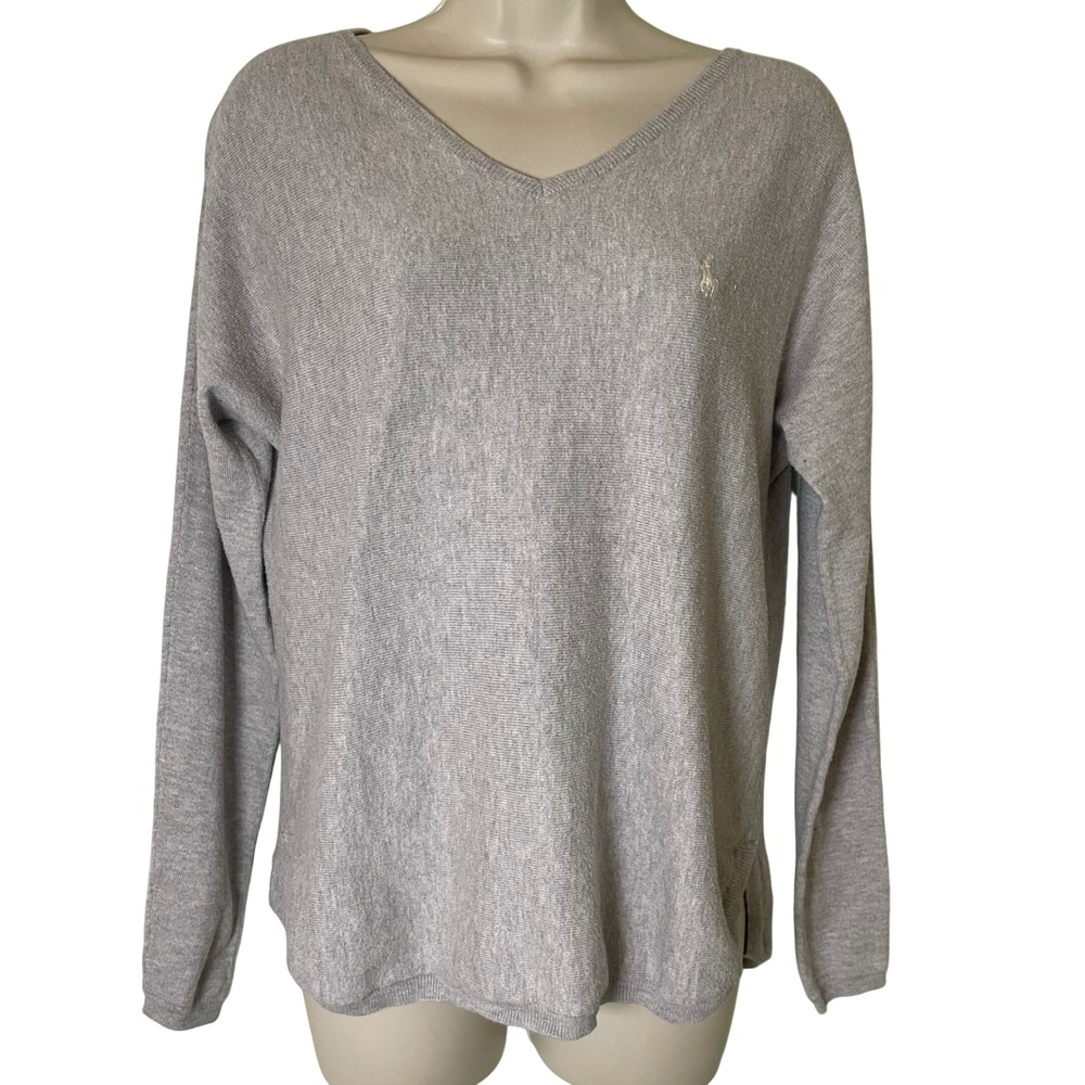 Polo Ralph Lauren V-Neck Sweater‎ Small Gray Cotton Blend Pony Preppy Minimalist